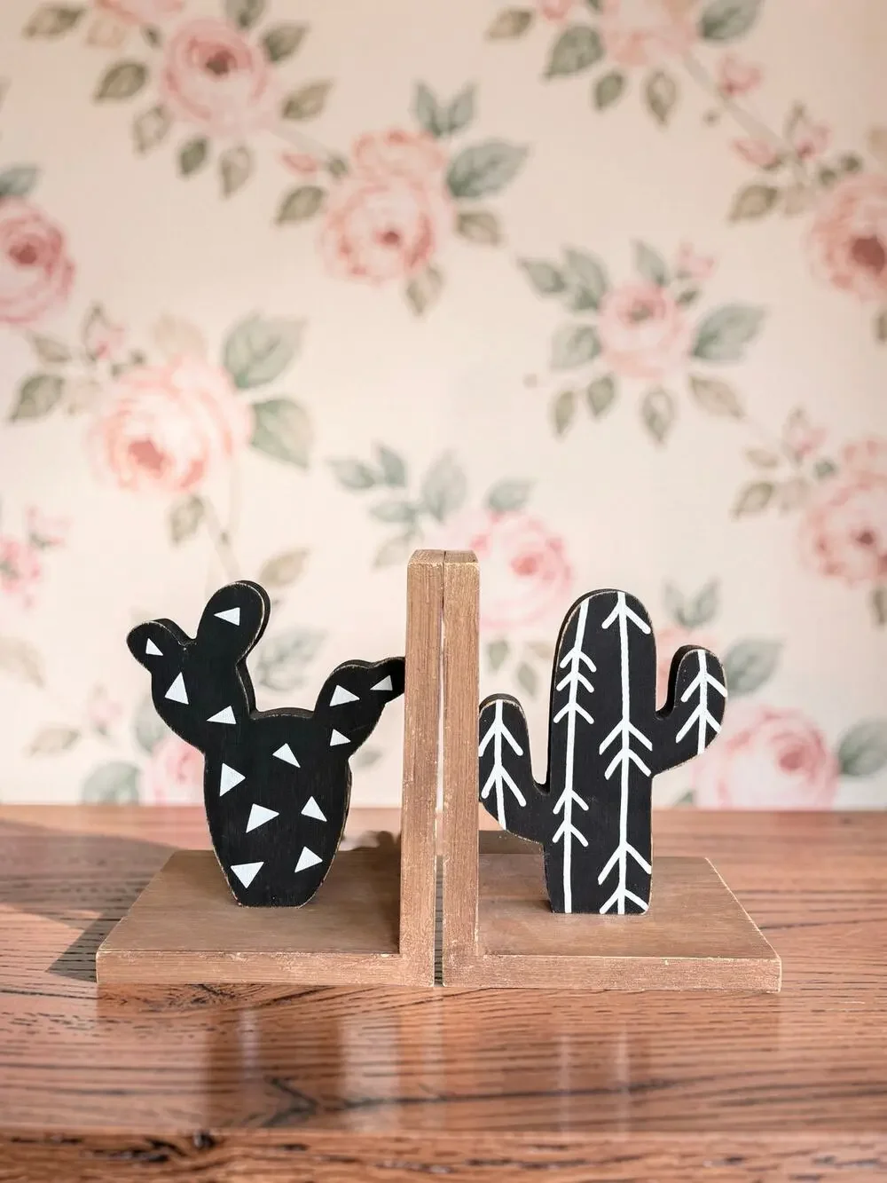 Wood Cactus Bookends Set of 2 Black White Southwestern Boho Desert Decor